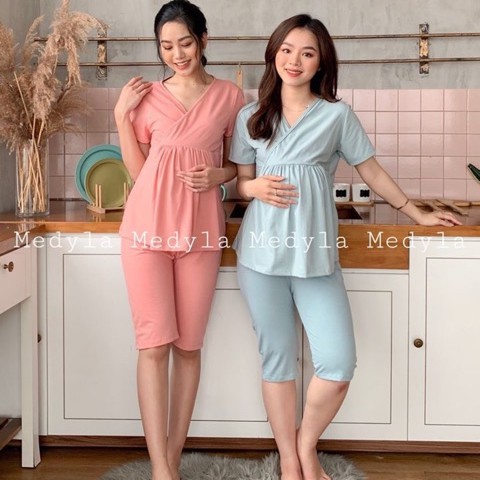 Bộ bầu mặc nhà vạt chéo ngắn tay sau sinh thiết kế Medyla onhacoshopee | BigBuy360 - bigbuy360.vn