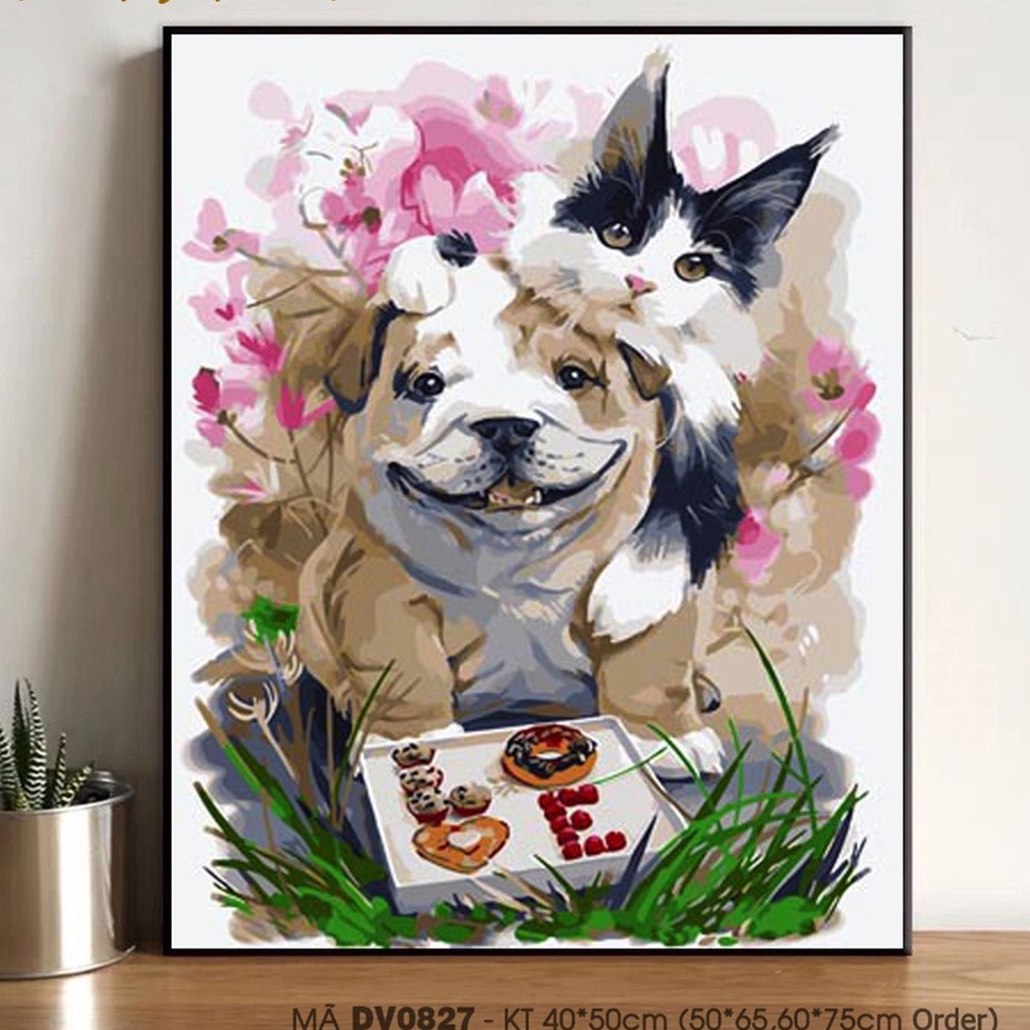 Tranh Sơn Dầu Số Hóa Tự Tô Thú Cưng Siêu Đáng Yêu Sondausohoavn Mã DV0827 Căng Khung Sẵn, Màu Chuẩn, Đầy Đủ Dung