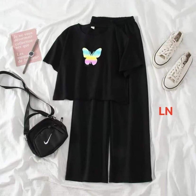 Sét áo croptop bươm phản quang + quần ống rộng dài