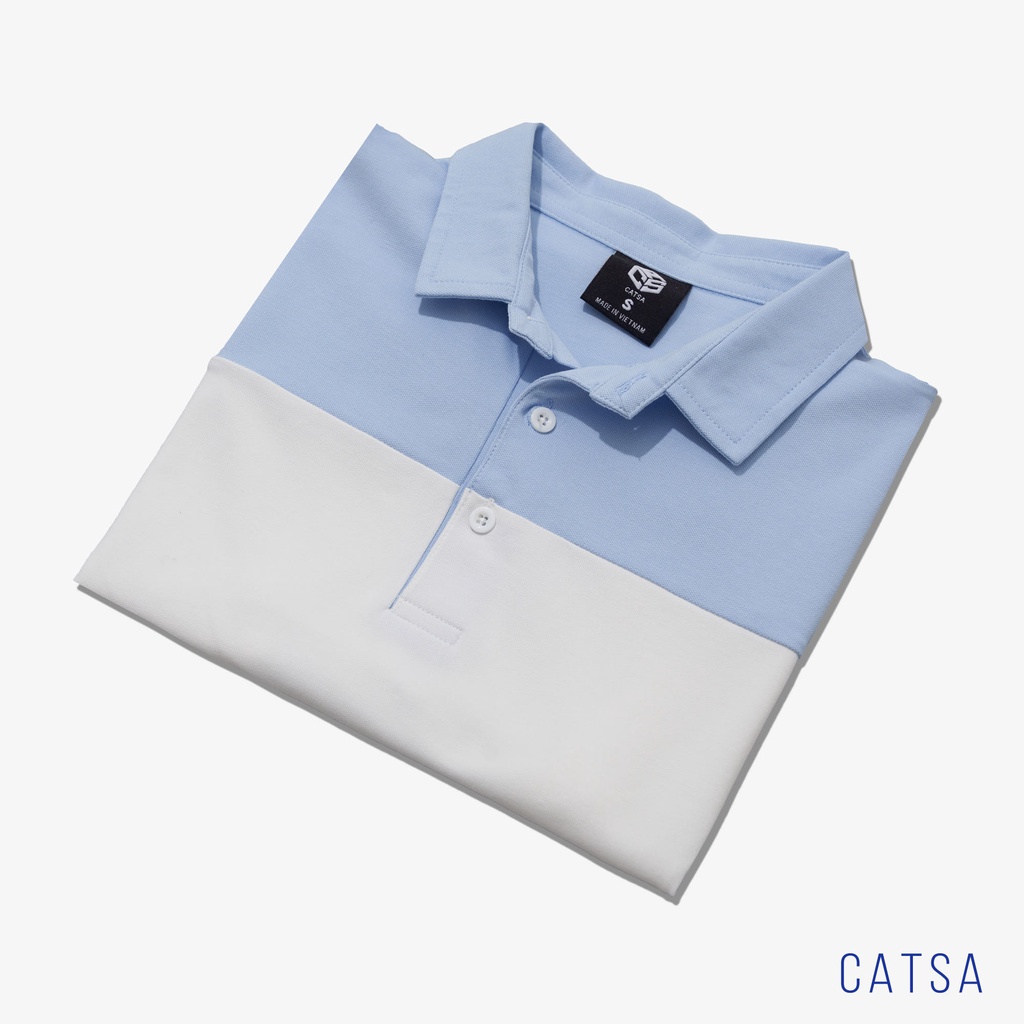 Áo polo nam cổ bẻ trắng sọc xanh thun Cotton thoáng mát, dáng chuẩn CATSA ATP265