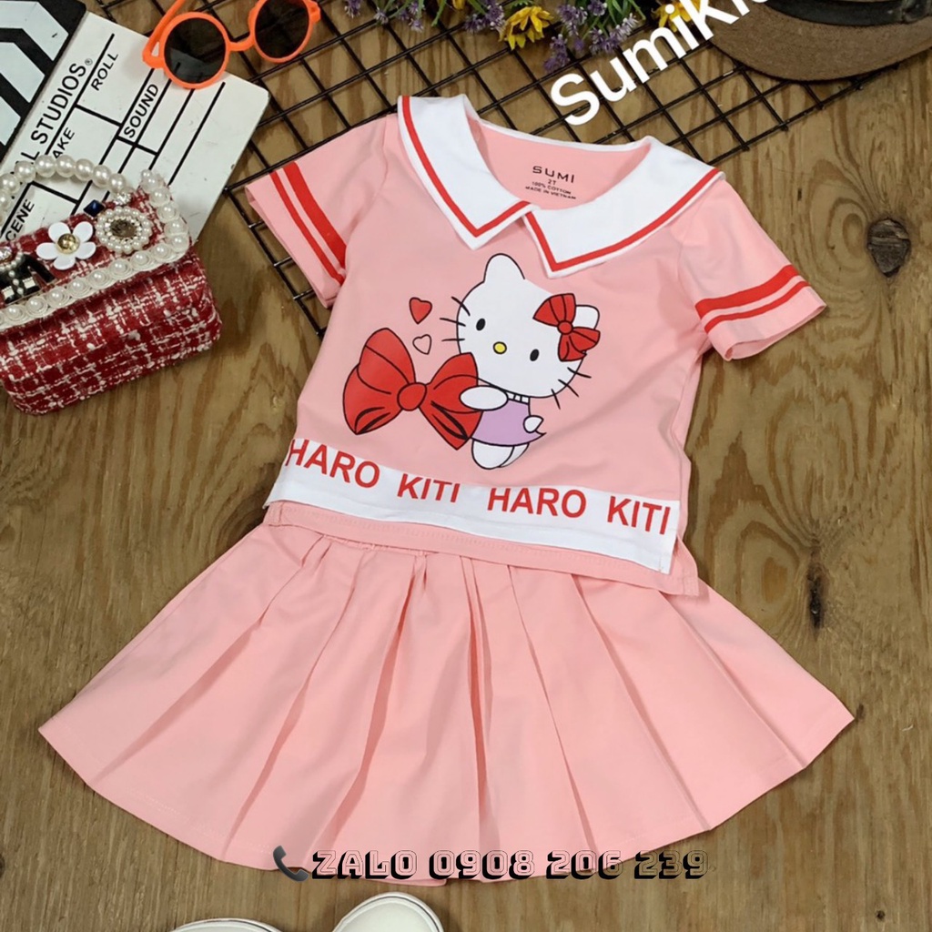 25 đến 38kg Set váy bé gái hình kitty dễ thương