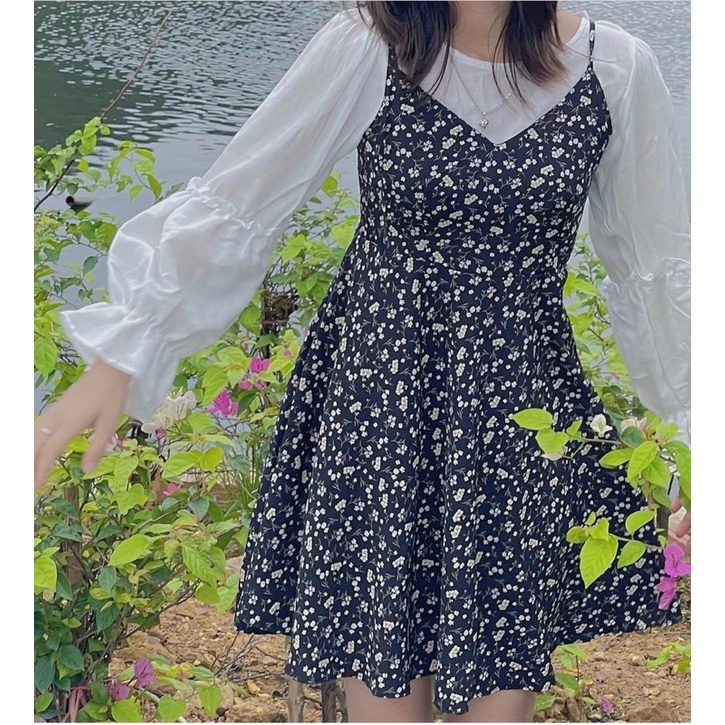 ❤️SET áo voan trắng + yếm hoa nhí đen tiểu thư MeiHome🥰