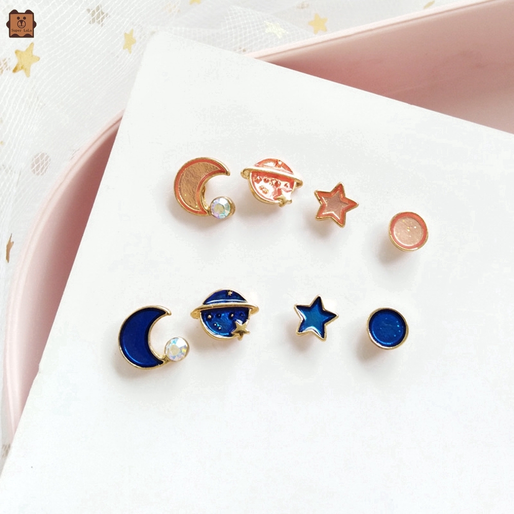 Khuyên tai họa tiết ngôi sao &amp; mặt trăng 2 màu dễ thương