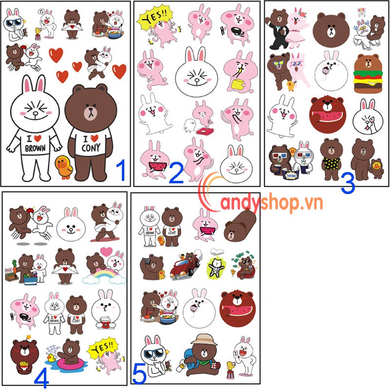 Combo 4 tờ Sticker dán Vali, nón bảo hiểm Gấu Brown và Thỏ Cony bởi candyshop88