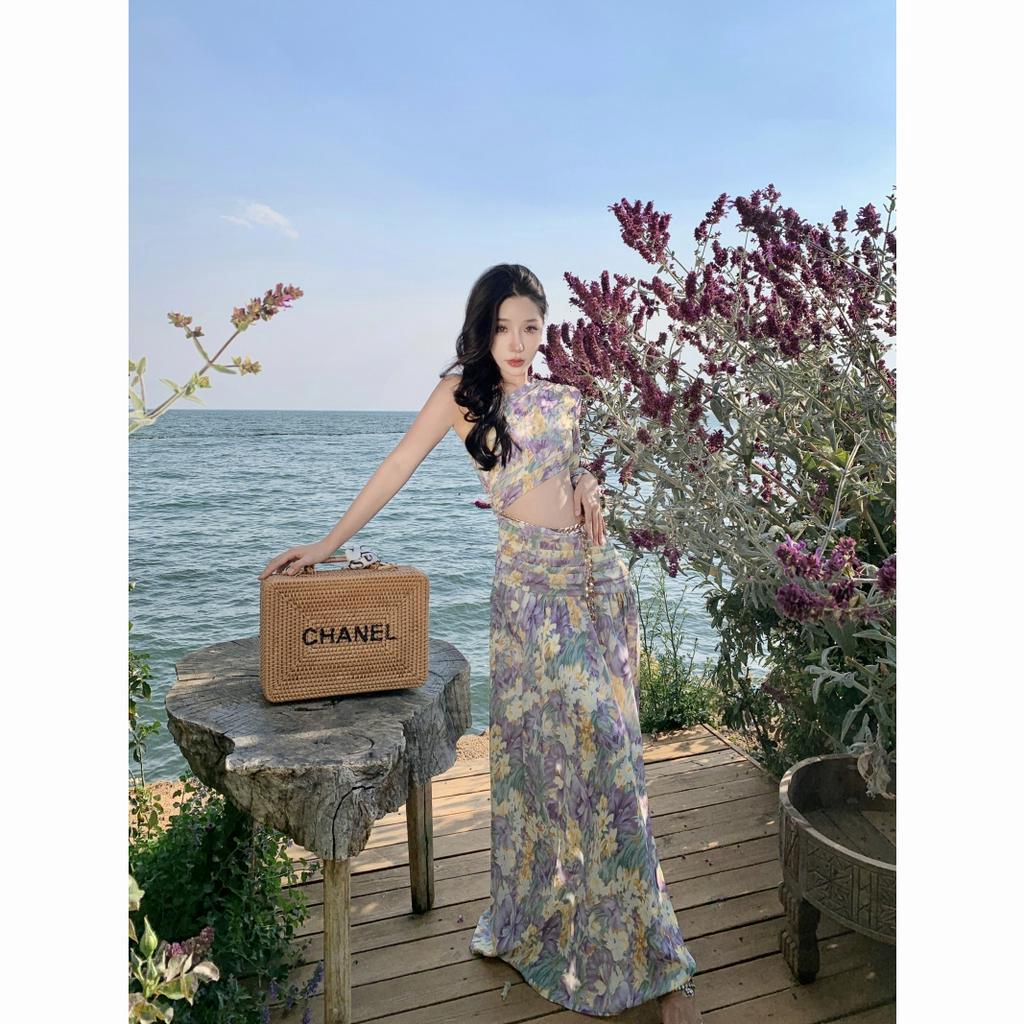 Xéo vai dài tay áo cao váy thắt lưng  5038