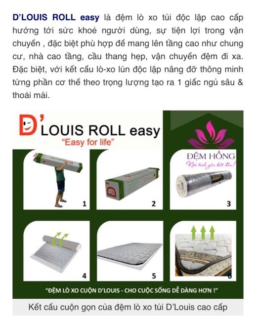 Đệm Lò xo túi độc lập D'Louis Roll easy Kohan 1m x 2m x24cm