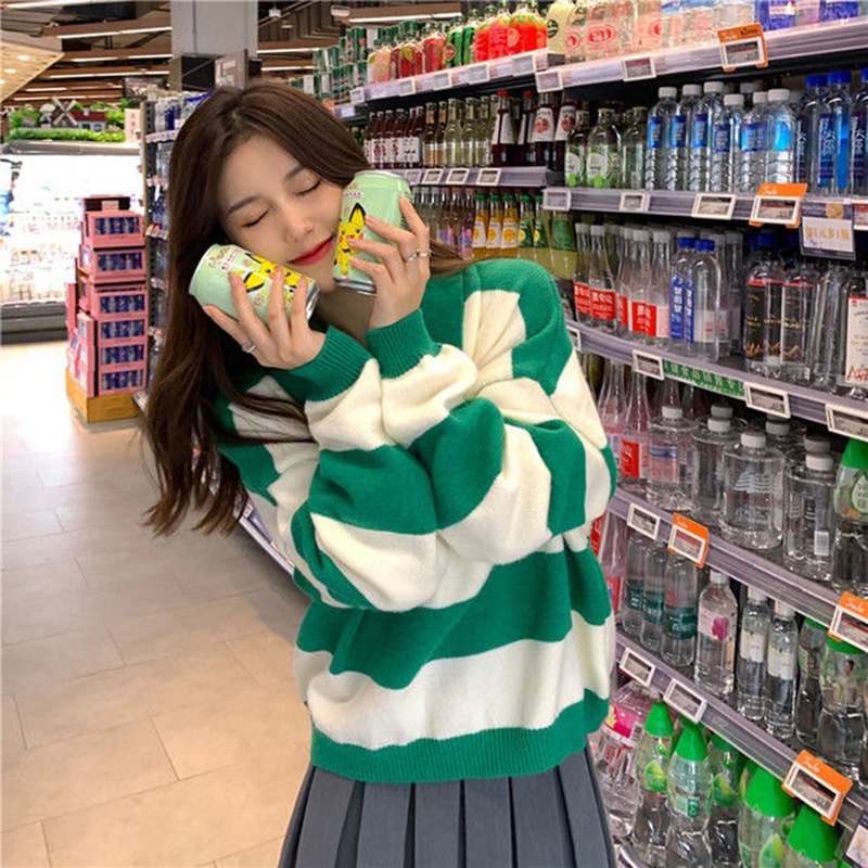 IELGY   Áo Sweater Tay Dài Dáng Rộng Cổ POLO Phối Họa Tiết Kẻ Sọc Plus Size