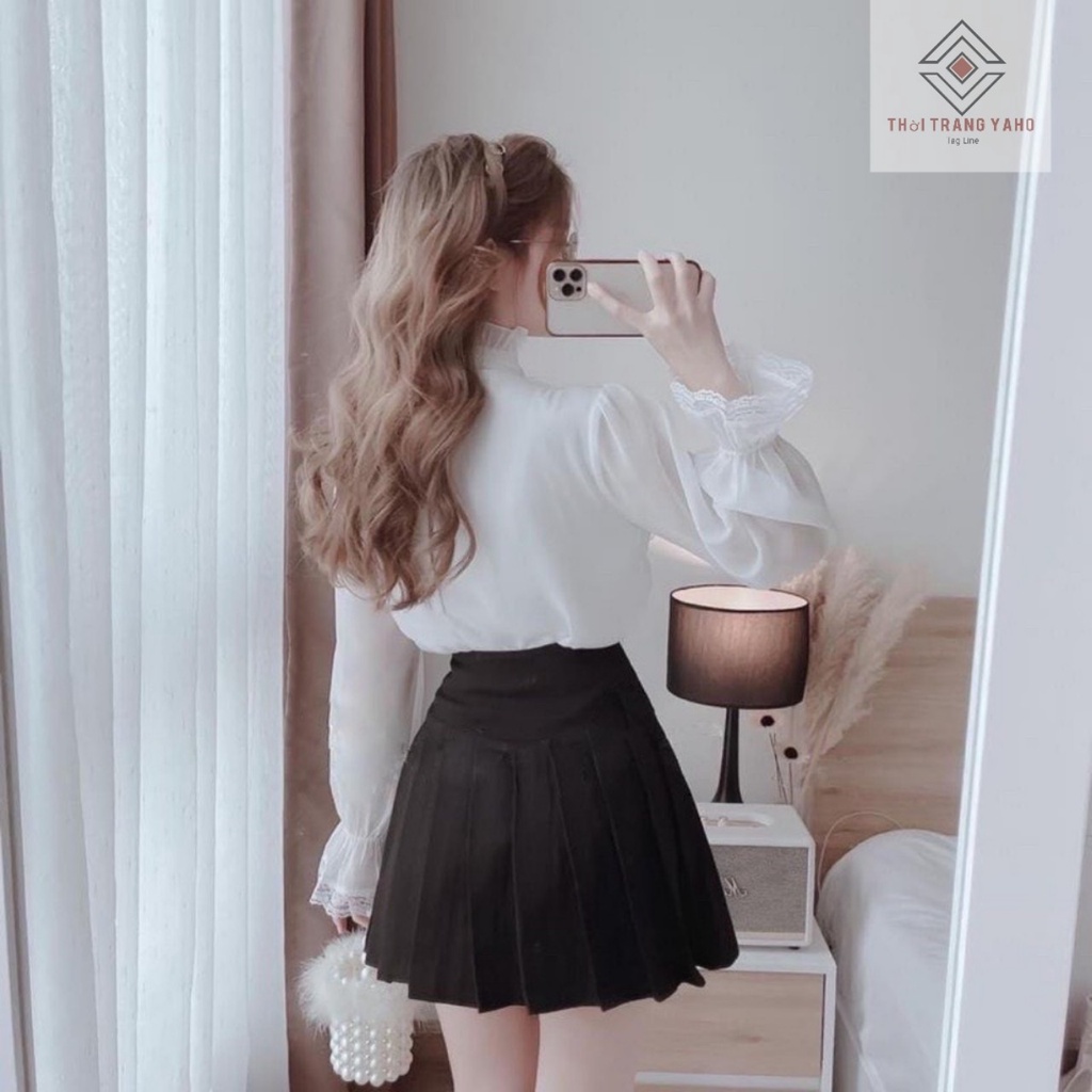 Áo sơ mi nữ kiểu Hàn Quốc bánh bèo tiểu thư đẹp form rộng bigsize cổ ren dài tay phồng màu trắng be - sơ mi nữ họa tiết