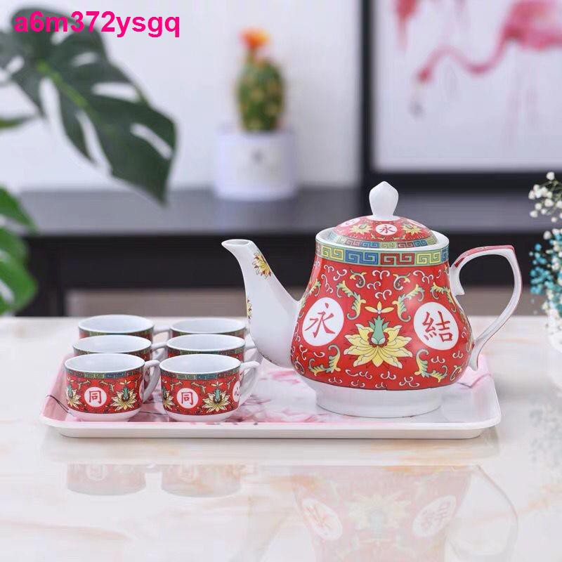 Bộ ấm trà đám cưới bằng gốm sứ màu đỏ tách mãi nút đồng tâm tôn trọng Trung Quốc