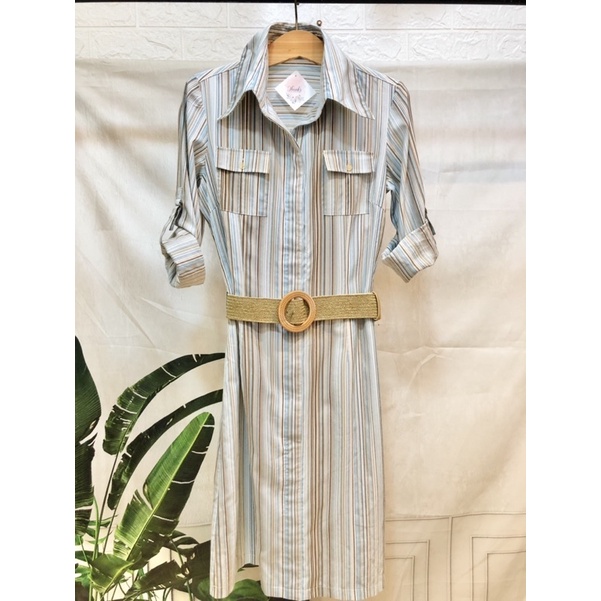 Đầm cotton nữ, đầm kiểu sơ mi dáng dài hoạ tiết sọc dọc( ko kèm dây nịt)