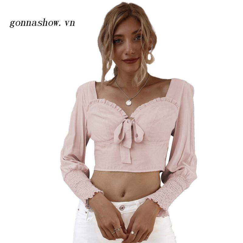 G.vn Áo Crop Top Tay Dài Màu Trơn Thắt Nút Phía Trước Kiểu Gợn Sóng Ngọt Ngào