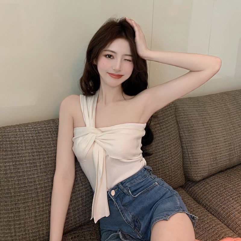 Áo dệt kim 1 dây vai dáng ngắn thiết kế thắt nút thời trang ngọt ngào