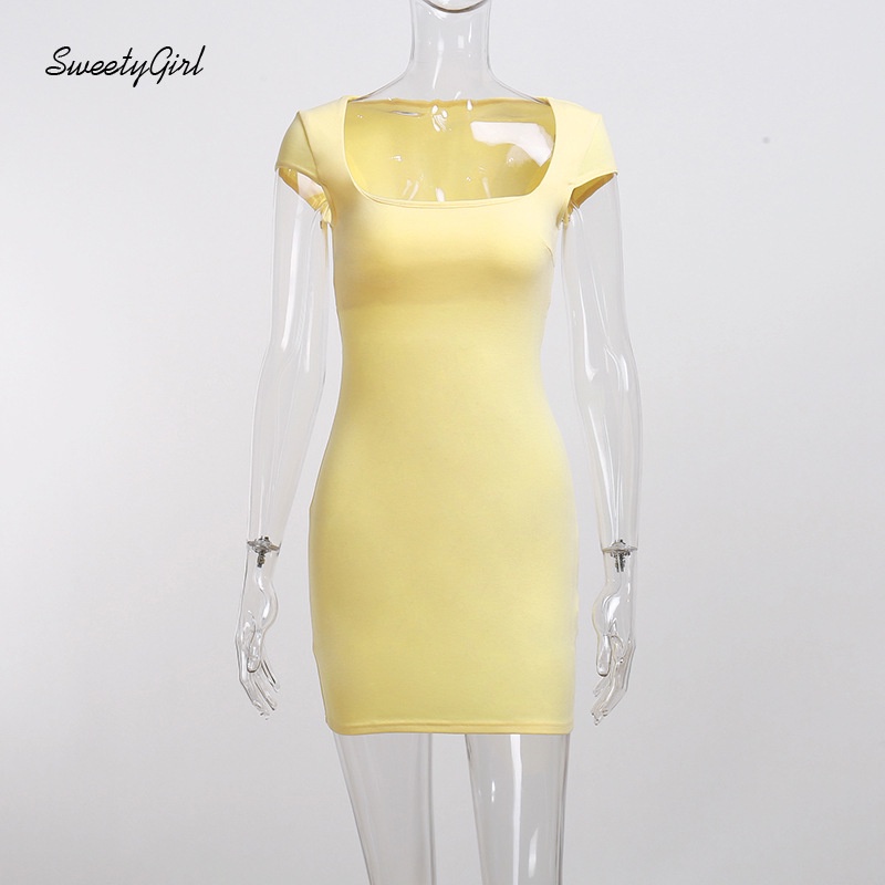 Đầm Ôm Mini Cổ Vuông Tay Ngắn Màu Trơn 2022 Màu Sắc Thời Trang Cho Nữ