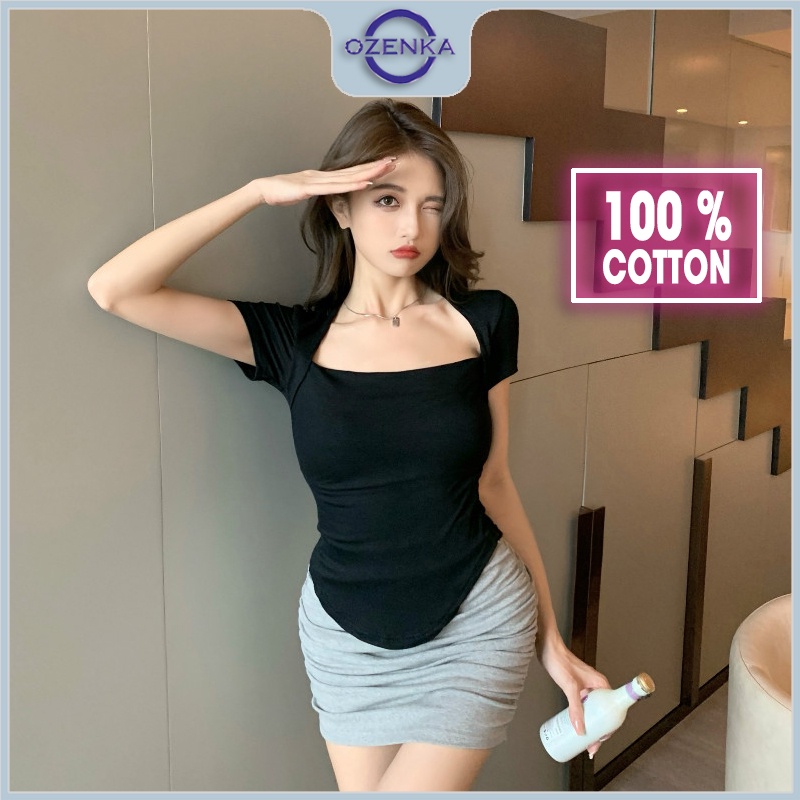 Áo thun vạt bầu ngắn tay cổ vuông ôm nữ OZENKA , ao phông body nữ mẫu mới 2022 cotton 100% màu đen trắng  dưới 50 cân