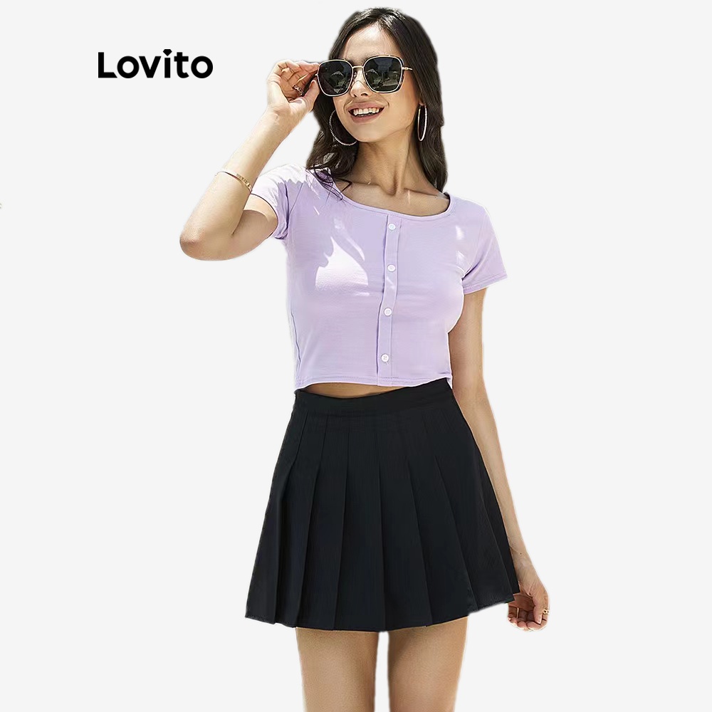 Áo croptop Lovito màu trơn có nút cài L02001 (Đen/Tím/Vàng nghệ/Trắng)