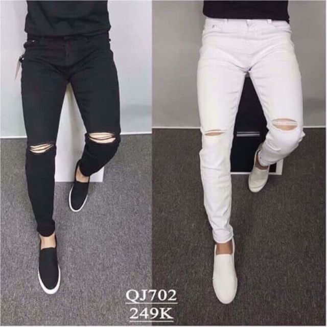 Quần Jean Nam Trắng Đen Rách Gối CAO CẤP Hót Nhất Hiện Nay
