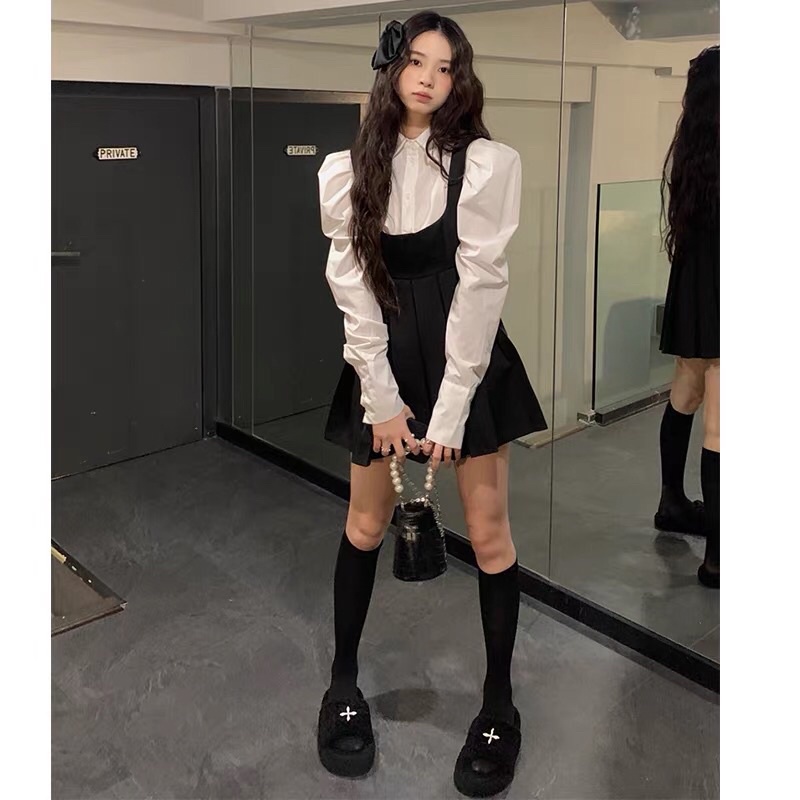 TKLIHN Set váy tiểu thư ULZZANG Áo sơmi tay phồng tiểu thư + váy yếm đen xoè Fashionita 2022