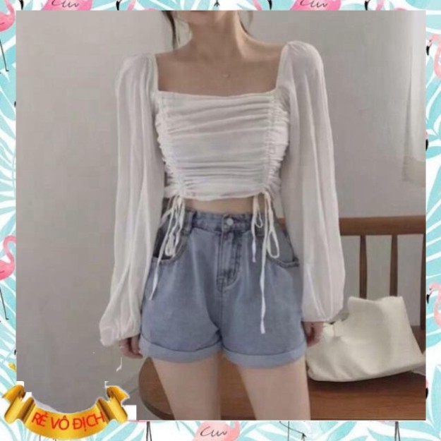 (mới) ÁO CROPTOP TAY DÀI CỘT DÂY 2 BÊN NHIỀU MÀU - CROPTOP RÚT DÂY TAY PHỒNG HỒNG VÀNG XANH ĐEN TRẮNG - CROPTOP TRỄ VAI 