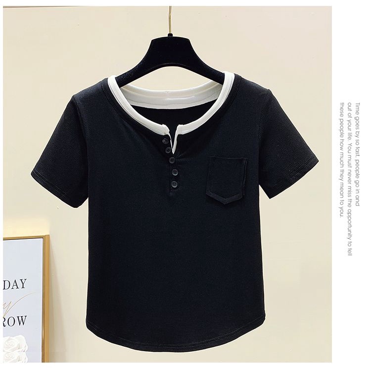 Áo Thun Tay Ngắn Cổ Chữ V Màu Sắc Tương Phản Thời Trang Mùa Hè 2022 Cho Nữ