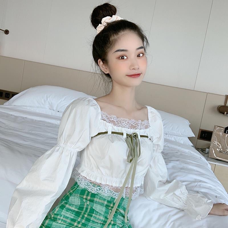 Áo Croptop nữ tay dài phồng phối ren phong cách Hàn Quốc mã QD082