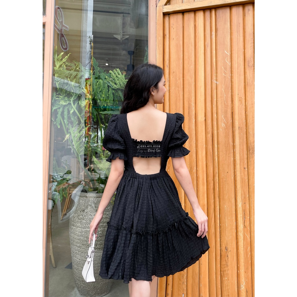 Đầm dự tiệc tay phồng hờ lưng xốp nhún DG4279
