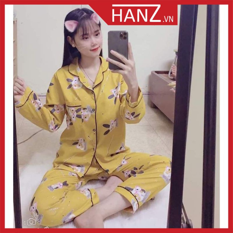 Bộ ngủ pijama lụa kate thái áo dài quần dài bộ mặc nhà Hanz.vn mềm mại dễ thương H 1 VÀNG THỎ KÍNH nhỏ