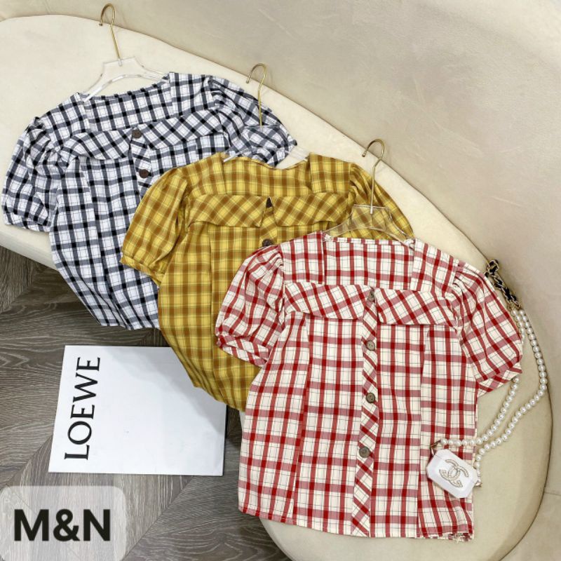 Áo Caro Cổ Vuông phối Bèo Siêu Xinh D482
