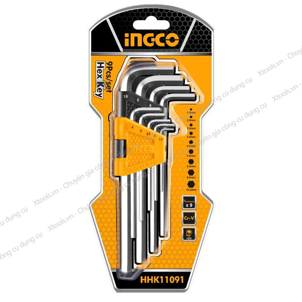 Bộ 9 lục giác đầu bằng đa năng INGCO HHK11091 1.5-10mm siêu cứng chống rỉ sửa chữa mở ốc vít xe máy ô tô máy móc