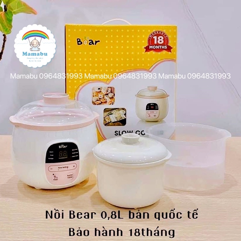 Nồi Nấu Cháo Chậm Bear 0.8L Đa Năng Cho Bé Ăn Dặm Kèm Lồng Hấp Bản Quốc Tế BH 18T Ninh Hầm Cách Thuỷ Chưng Yến Mamabu