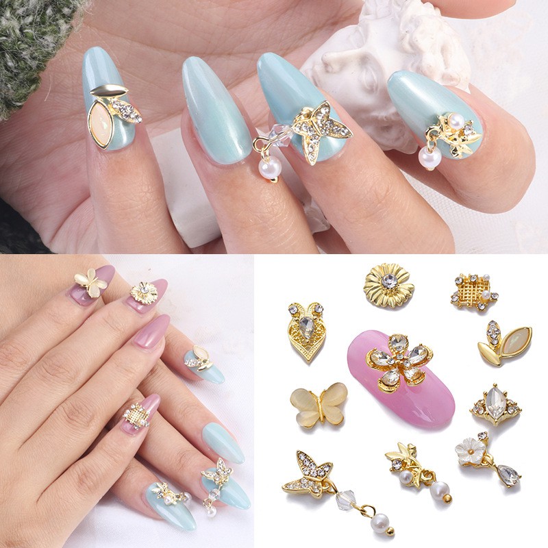 [Hàng mới về] Phụ Kiện Trang Trí Móng Tay Hình Bướm Đính Ngọc Trai Kim Cương Nhân Tạo Phong Cách Nhật Bản