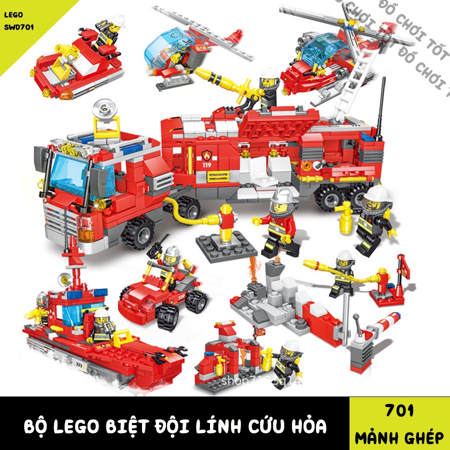 [701 CHI TIẾT] BỘ ĐỒ CHƠI LEGO XE CỨU HỎA SWAT, BAO GỒM TRỰC THĂNG, TÀU THUYỀN, LÍNH CỨU HỎA