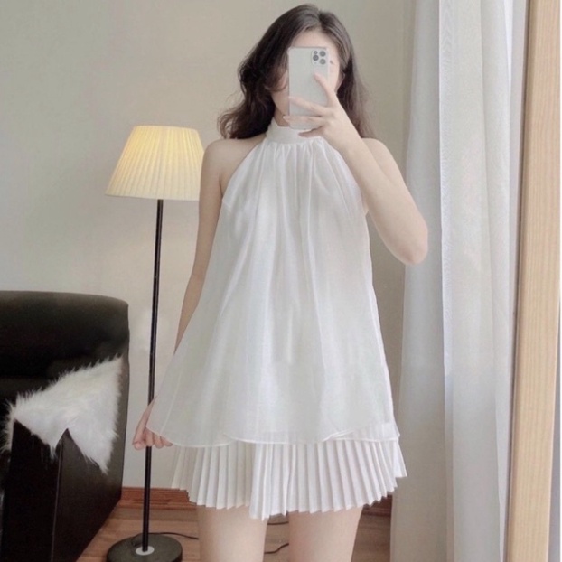Áo kiểu nữ cổ yếm 2 lớp- Áo hở vai phối dây bản to_013 babydoll bánh bèo mầu trắng