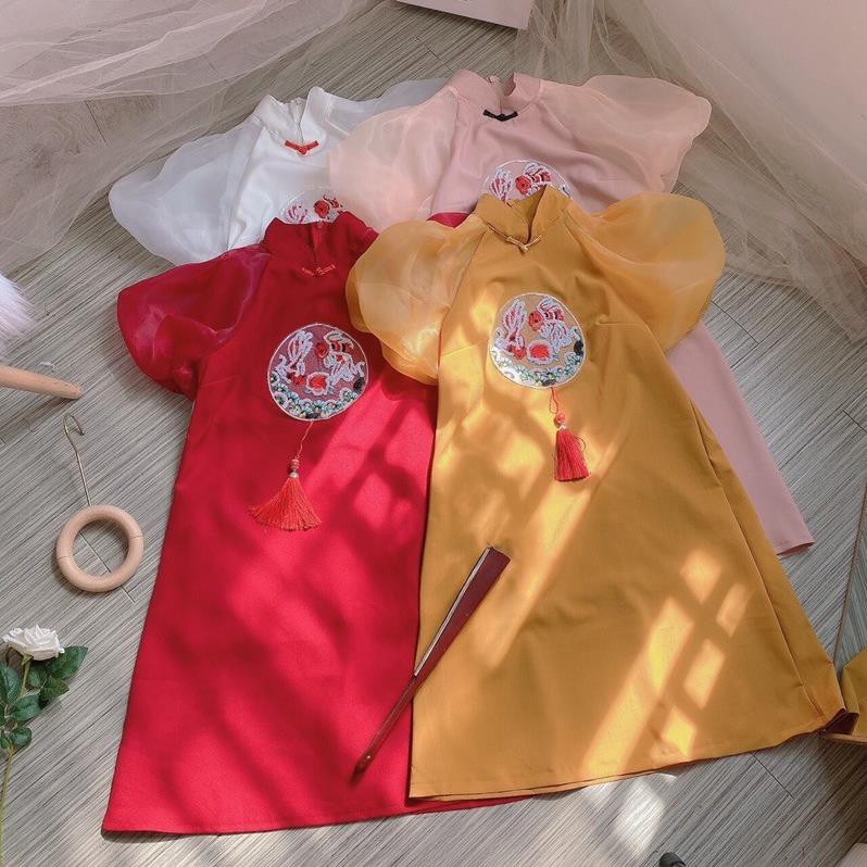 Đầm Suông Cổ Tàu, Đầm Áo Dài Cách Tân Họa Tiết Thêu Hoa Văn Cá Chép Tay Voan Thời Trang Tết. | BigBuy360 - bigbuy360.vn