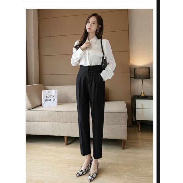 Quần tây nữ BH boutique dáng baggy lưng cạp cao và siêu cao màu đen mặc đi học,đi làm công sở,đi chơi