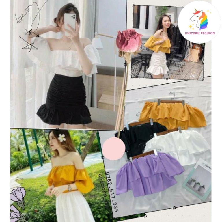 Áo Voan Trễ Vai Bánh Bèo Bẹt Vai Croptop Tay Ngắn Nữ Kiểu Hở Vai Màu Trắng/Đen/Tím Vàng DRACR06 Mys Unicorn Fashion ྇
