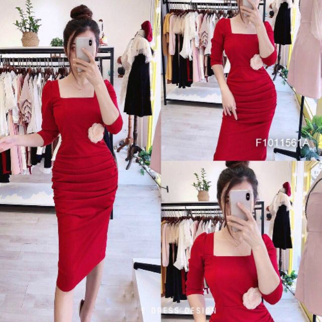 Đầm body xếp ly cổ vuông tag hoa