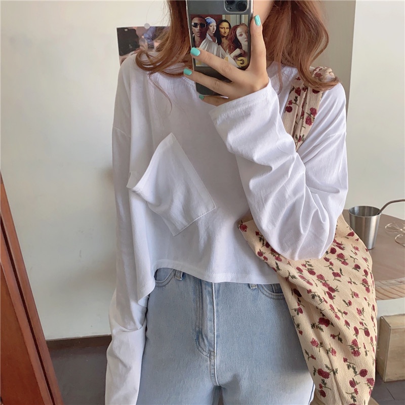 SUXI Áo Thun Tay Dài Cổ Tròn Màu Sắc Đơn Giản Dành Cho Nữ