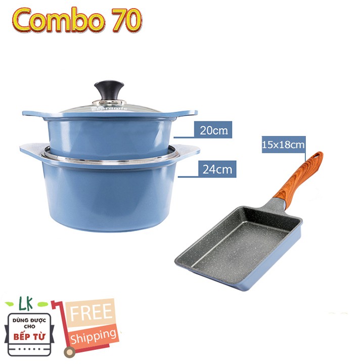 [Chính Hãng Hàn Quốc] Combo 3 món cao cấp, nồi đúc ceramic đế từ xanh 20-24cm, chảo vân đá ceramic vuông size 15x18cm