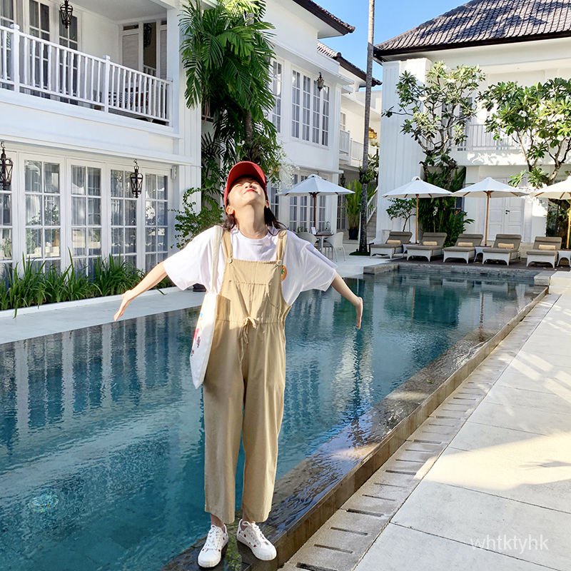 Quần Yếm Lưng Cao Ống Rộng Phong Cách Hàn Quốc Xinh Xắn Cho Nữ