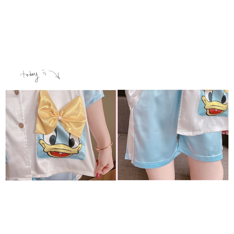 Xiaohan Korean Satin Sleepwear Set Loose Casual Shirt Style Pajamas for Women Cartoon Print Pyjamas Terno Nightwear Suit