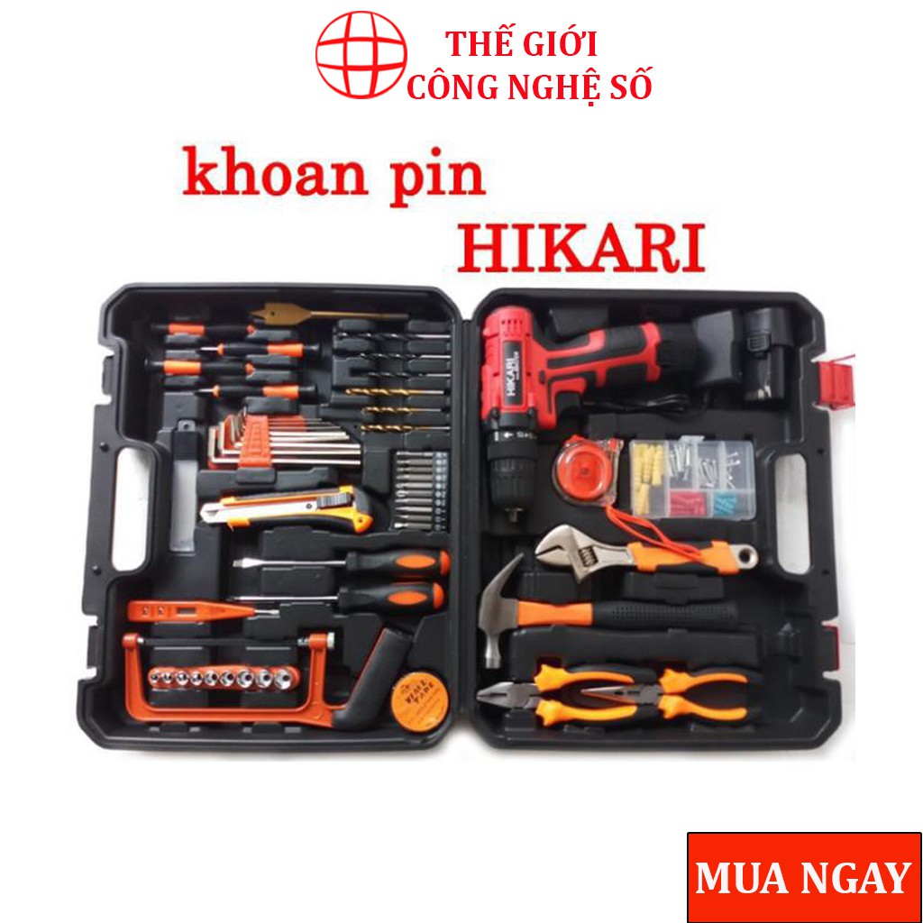 Máy khoan pin Hikari HR-12V -Bộ máy khoan hộp đựng dụng cụ 124 món. Pin Lithium ion 12V-1500mAh, Nhập khẩu Thái Lan