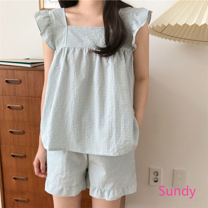 Bộ Đồ Ngủ Cổ Vuông Dáng Rộng Hoa Văn Kẻ Ô Thời Trang Mùa Hè Dành Cho Nữ