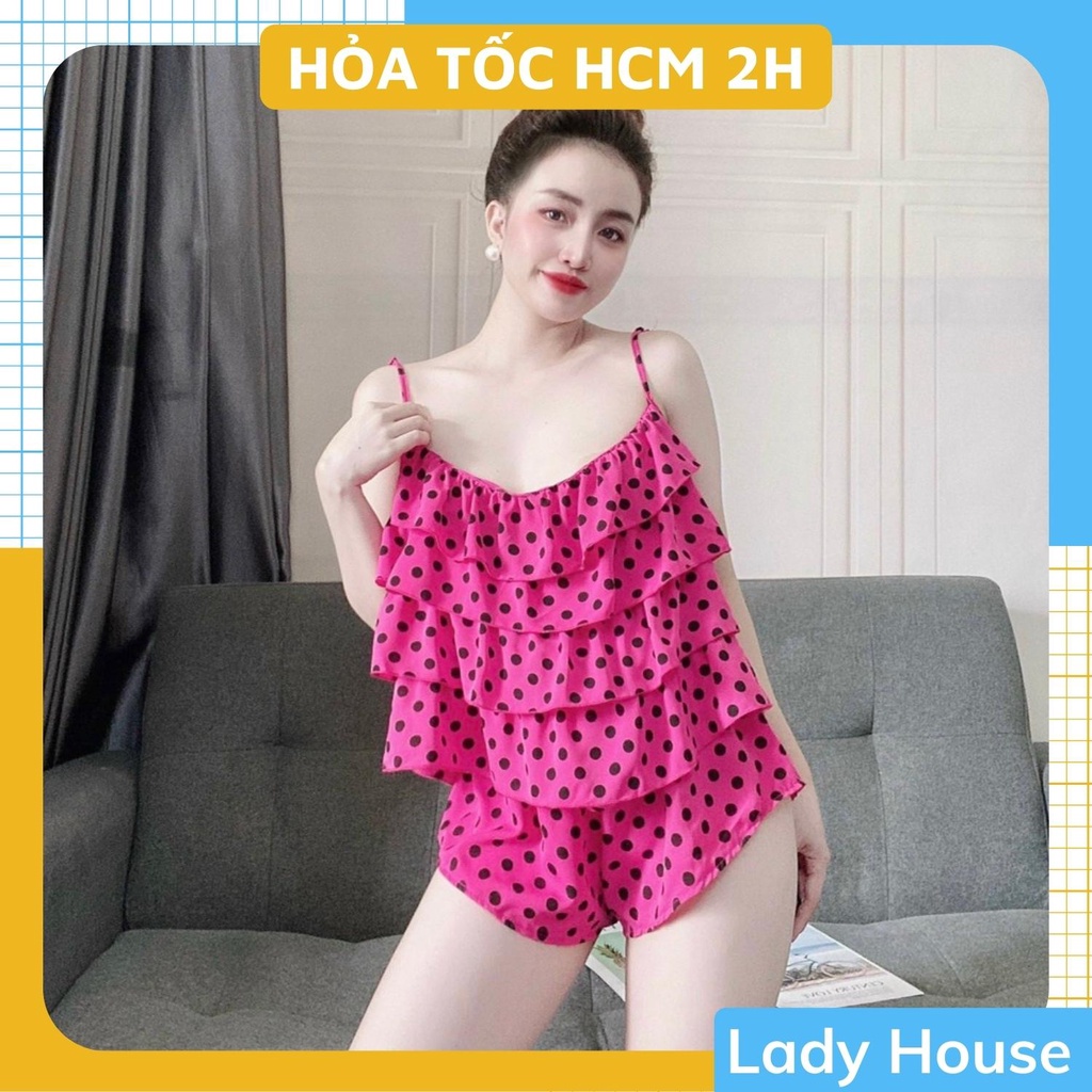 Đồ Ngủ Lụa Satin , Đồ Bộ Nữ Đồ Mặc Nhà 2 Dây Tầng Quần Cọc Chất Lụa Họa Tiết Chấm Bi Dễ Thương Xinh Xắn.