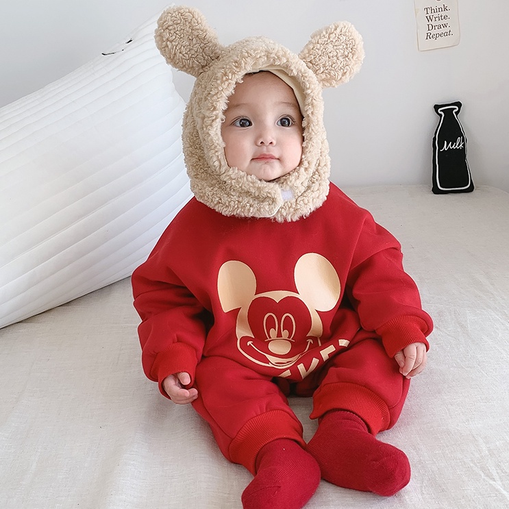 Áo Liền Quần Bằng Lông Cừu Màu Đỏ Mừng Năm Mới Cho Bé