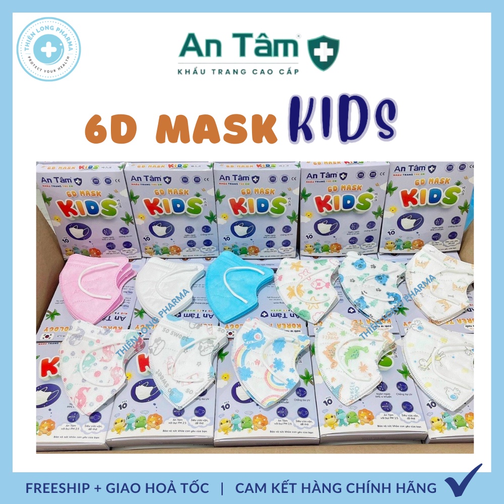 Khẩu trang trẻ em 6D Kids An Tâm [Hộp 10 cái] dành cho bé 2-8 tuổi kháng khuẩn hàng chính hãng công ty
