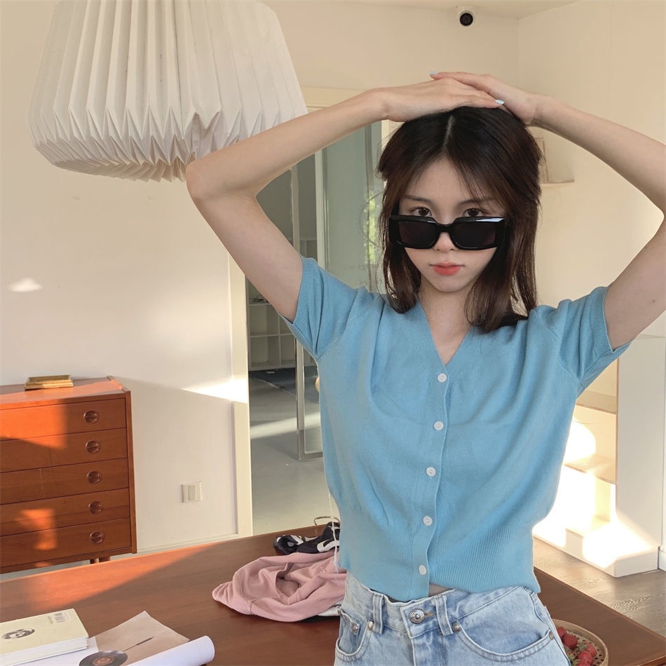 Áo cardigan Ngắn Tay Cổ Chữ V Màu Sắc Đơn Giản Dễ Phối Đồ