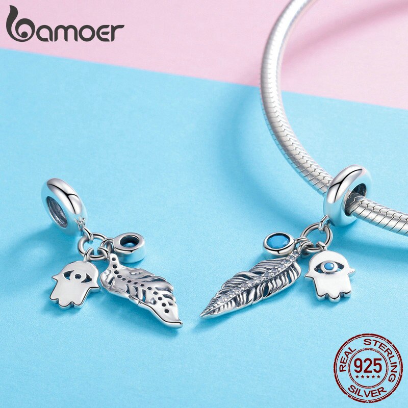 Phụ Kiện Mặt Dây Bamoer SCC880 Bằng Bạc 925 Hình Lông Vũ Phong Cách Bohemian