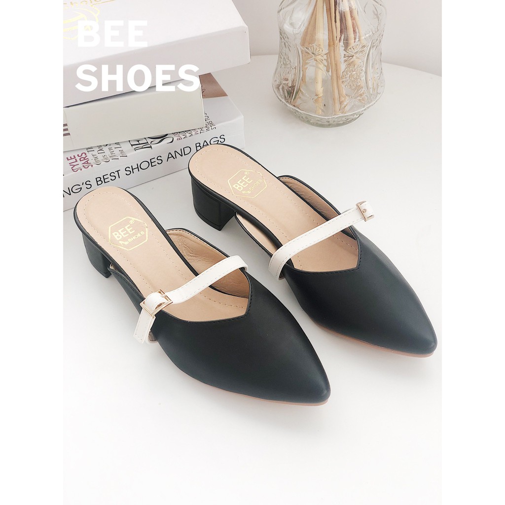 BEESHOES - SỤC MŨI NHỌN CAO 5 PHÂN DA MỀM DỄ ĐI - SỤC MŨI NHỌN QUAI NGANG CAO 5 PHÂN SẴN MÀU ĐEN KEM TRẮNG 201048