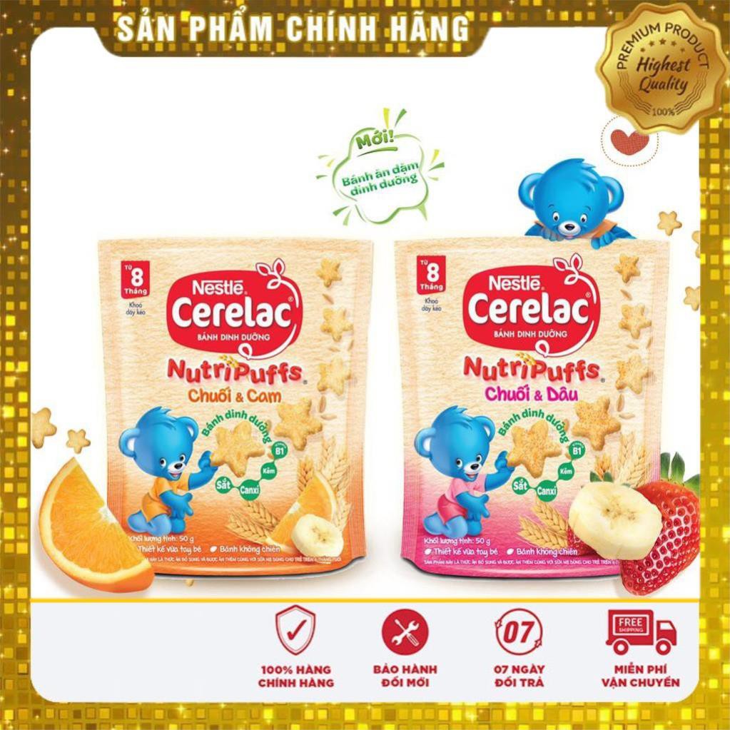 Bánh Ăn Dặm Nestle Cerelac Nutripuffs Vị Cam chuối Và dâu Chuối Gói 50g