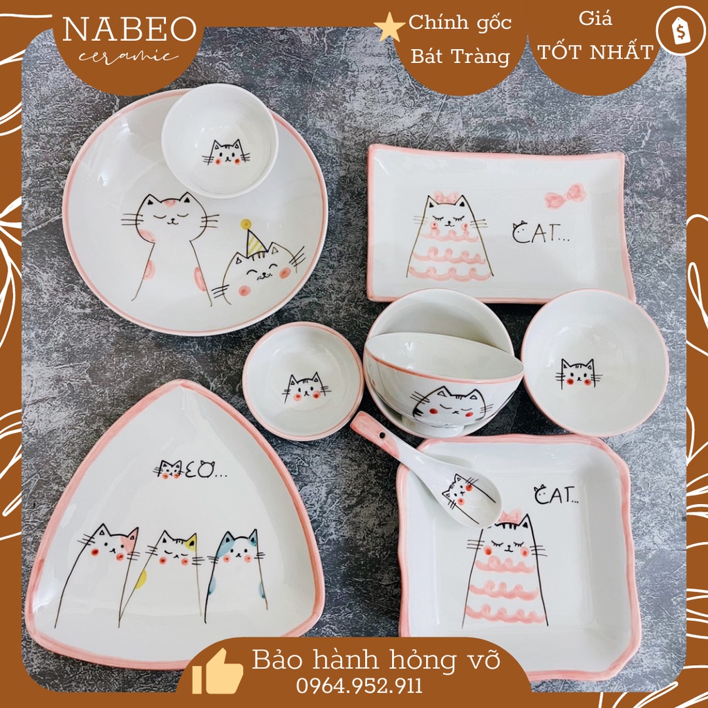 Bộ Bát Đĩa Decor Mèo Hồng, Bộ Đồ Ăn cho bé ăn dặm cho bé gái, họa tiết vẽ tay dễ thương - Gốm Sứ Bát Tràng